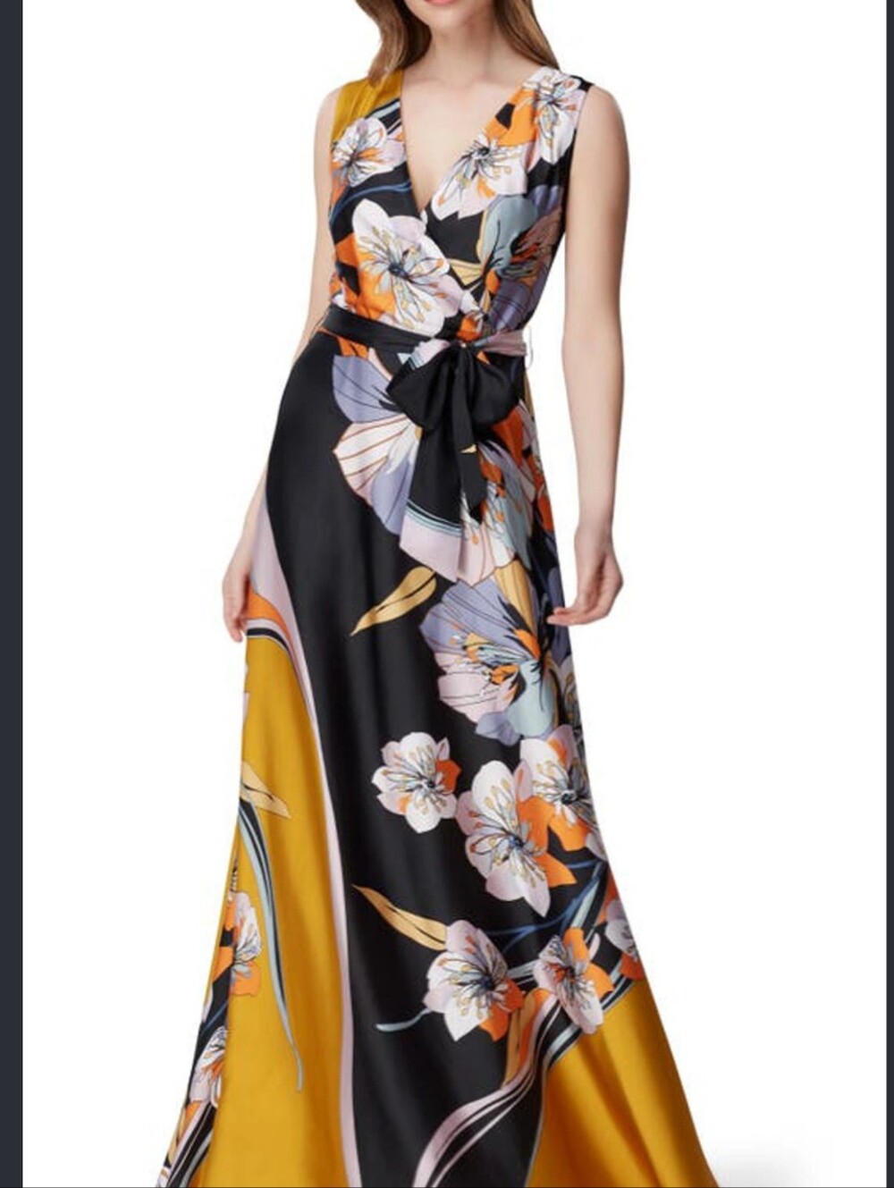 Tahari Arthur S. Levine Floral swirl Satin Wrap Maxi Dress V-Neck Tie Zip Sz 6